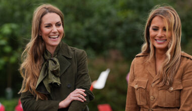WINDSOR, ENGLAND - SEPTEMBER 18: U.S. First Lady Melania Trump (R) and Catherine, Princess of Wales (L) meet members of the Scouts' Squirrels programme as they tour the grounds of Frogmore Cottage, during the State visit by the President of the United States of America and U.S. First Lady Melania Trump, on September 18, 2025 in Windsor, England. (Photo by Yui Mok - WPA Pool/Getty Images)
