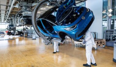 Employees work on the assembly line for the Volkswagen (VW) ID.3 electric car of German carmaker Volkswagen at a production site in Dresden on May 14, 2025.