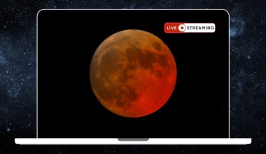 An image of a laptop displaying a picture of an orange full moon against a black sky, with the words 'live streaming' positioned in the upper right of the screen. A starry deep space scene is visible in the background behind the laptop.