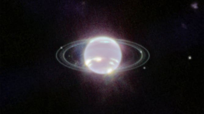 Webb's Near-Infrared Camera (NIRCam) image of Neptune, taken on 12 July 2022, brings the planet's rings into full focus for the first time in more than three decades. The most prominent features of Neptune's atmosphere in this image are a series of bright patches in the planet's southern hemisphere that represent high-altitude methane-ice clouds.