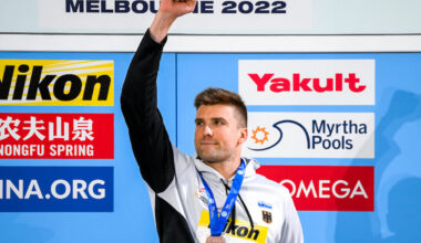 Marius Kusch of Germany stands with the bronze medal after compete in the 100m Butterfly Men Final during the FINA Swimming Short Course World Championships at the Melbourne Sports and Aquatic Centre in Melbourne, Australia, December 18th, 2022. Photo Giorgio Scala / Deepbluemedia / Insidefoto