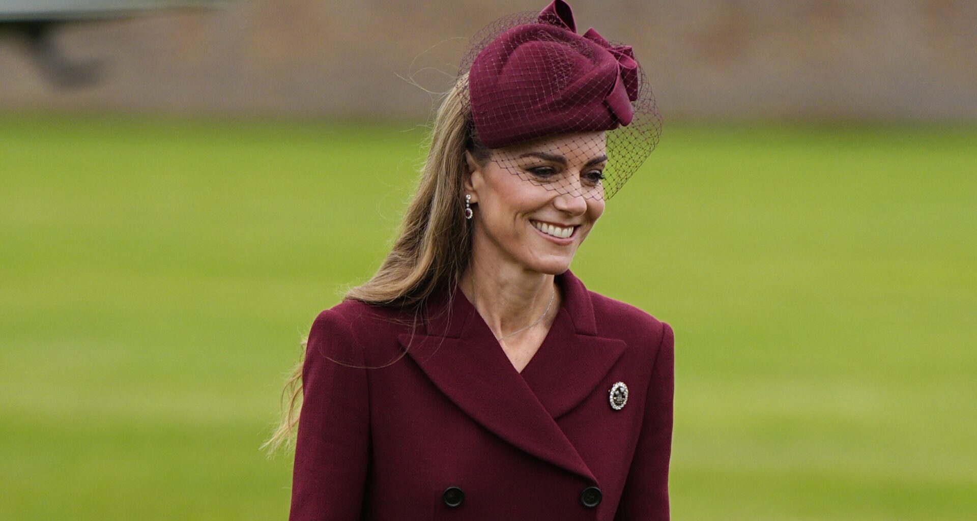 Catherine, Princess of Wales smiles during the arrival of U.S. President Donald Trump and First Lady Melania Trump for a state visit at Windsor Castle on September 17, 2025