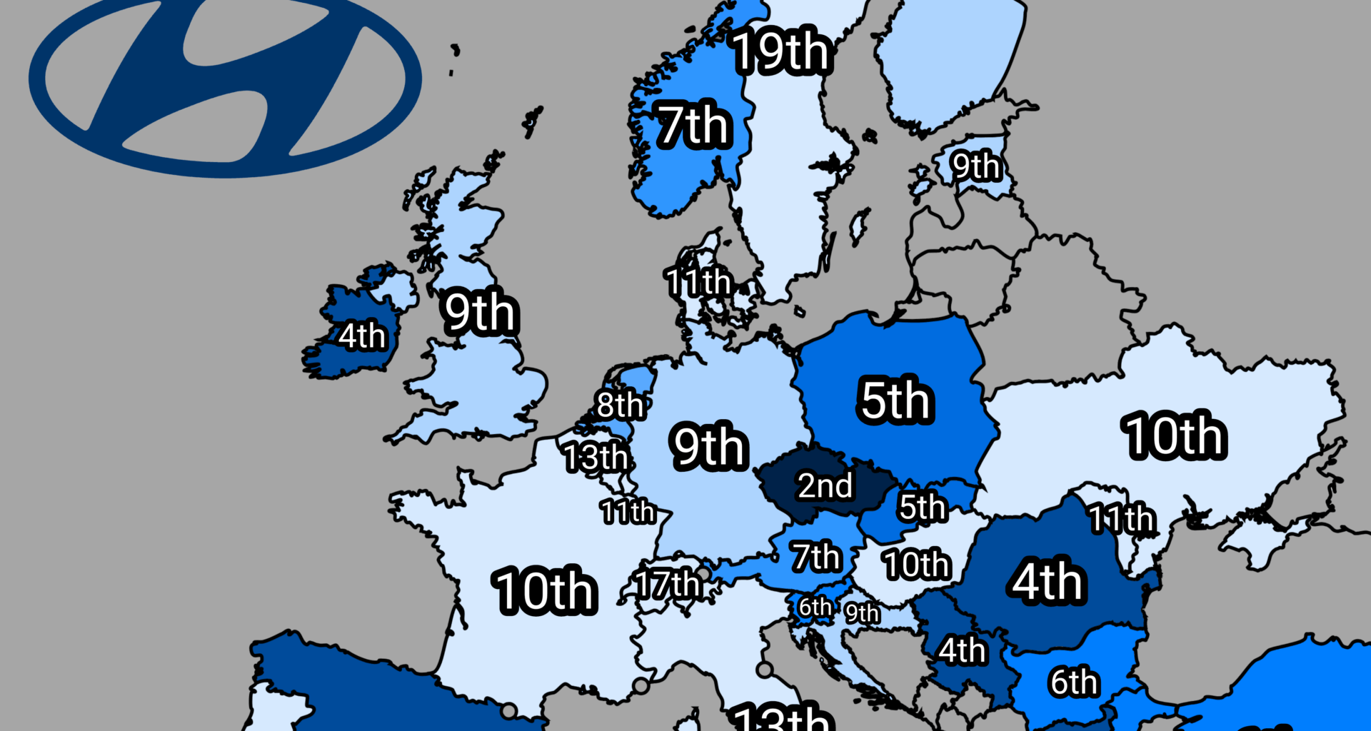 Rank of Hyundai in car brand sales, 2024 [OC]