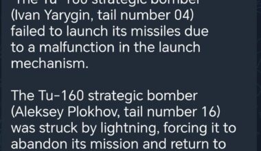 Last night, a Tu-160 failed to launch its missiles due to a malfunction in the launch mechanism; a Tu-160 was struck by lightning and returned to the airfield with damaged cockpit windows. Another strategic bomber was unable to take off from Engels for an unknown reason.
