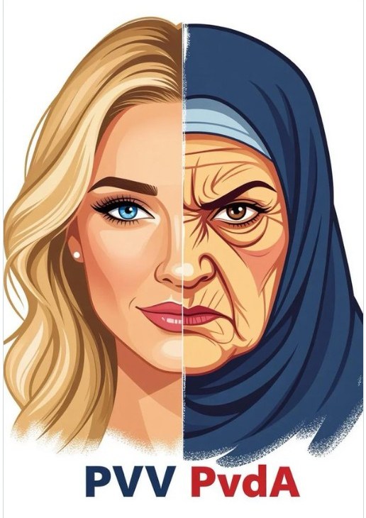 Illustration of a blonde woman's face on the left and an old woman in a hijab on the right, with "PVV PvdA" below.