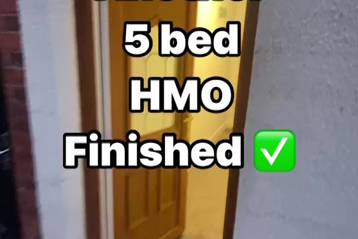 The exterior of a house with an open front door, a "154" address plate above the door, and text overlay that reads "Another 5 bed HMO Finished ✅".