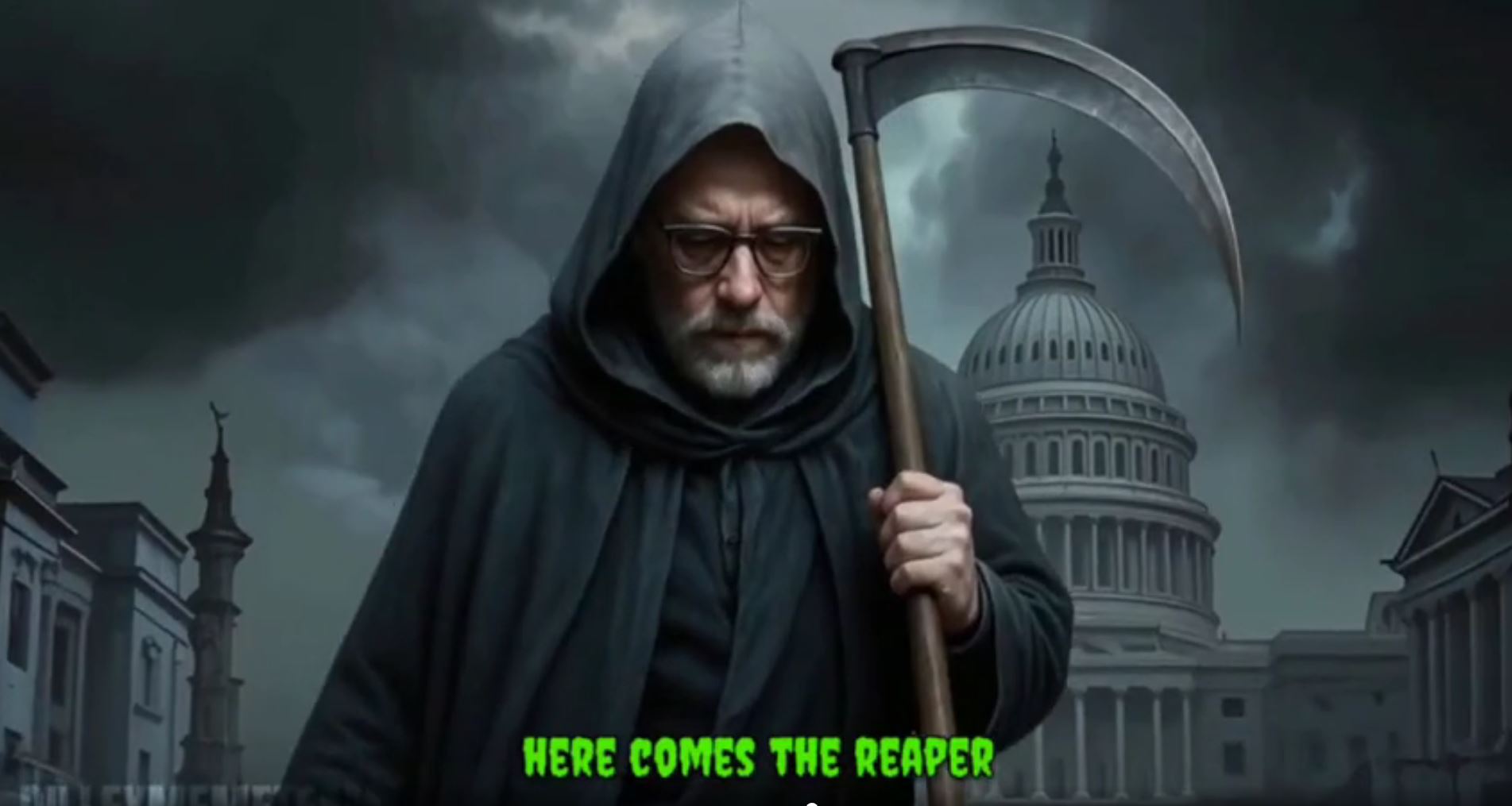 Illustration of Russel Vought as the Grim Reaper with the U.S. Capitol building in the background and the text "HERE COMES THE REAPER."