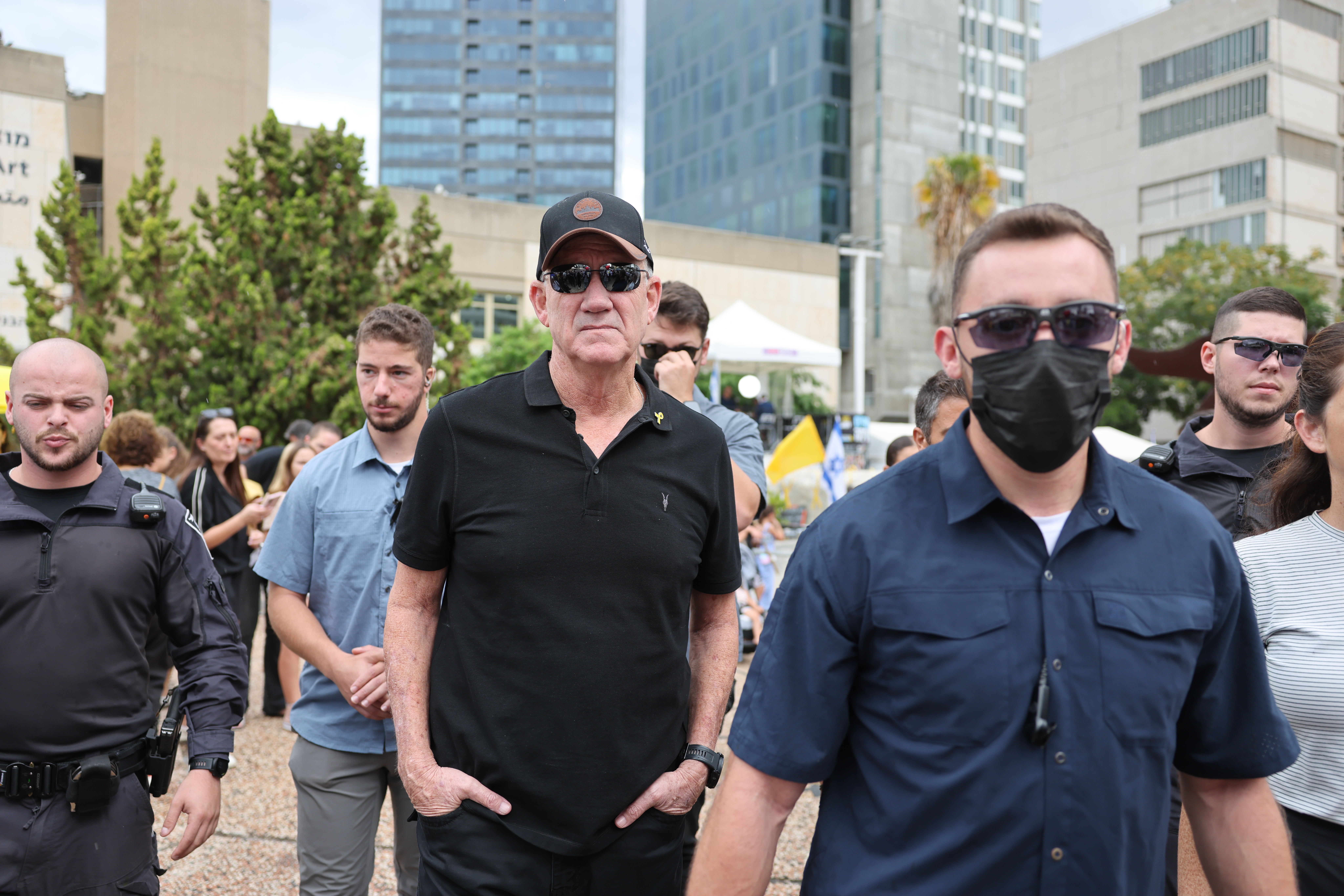 Benny Gantz, an Israeli politician, walks through Hostage Square on Thursday