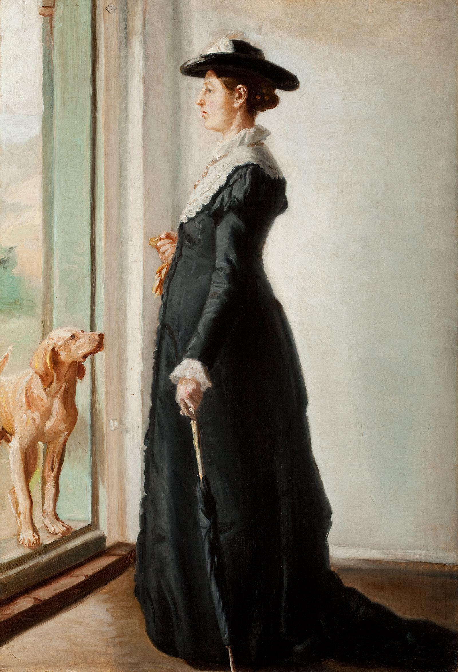 Oil painting of Anna Ancher standing in a doorway with a dog.