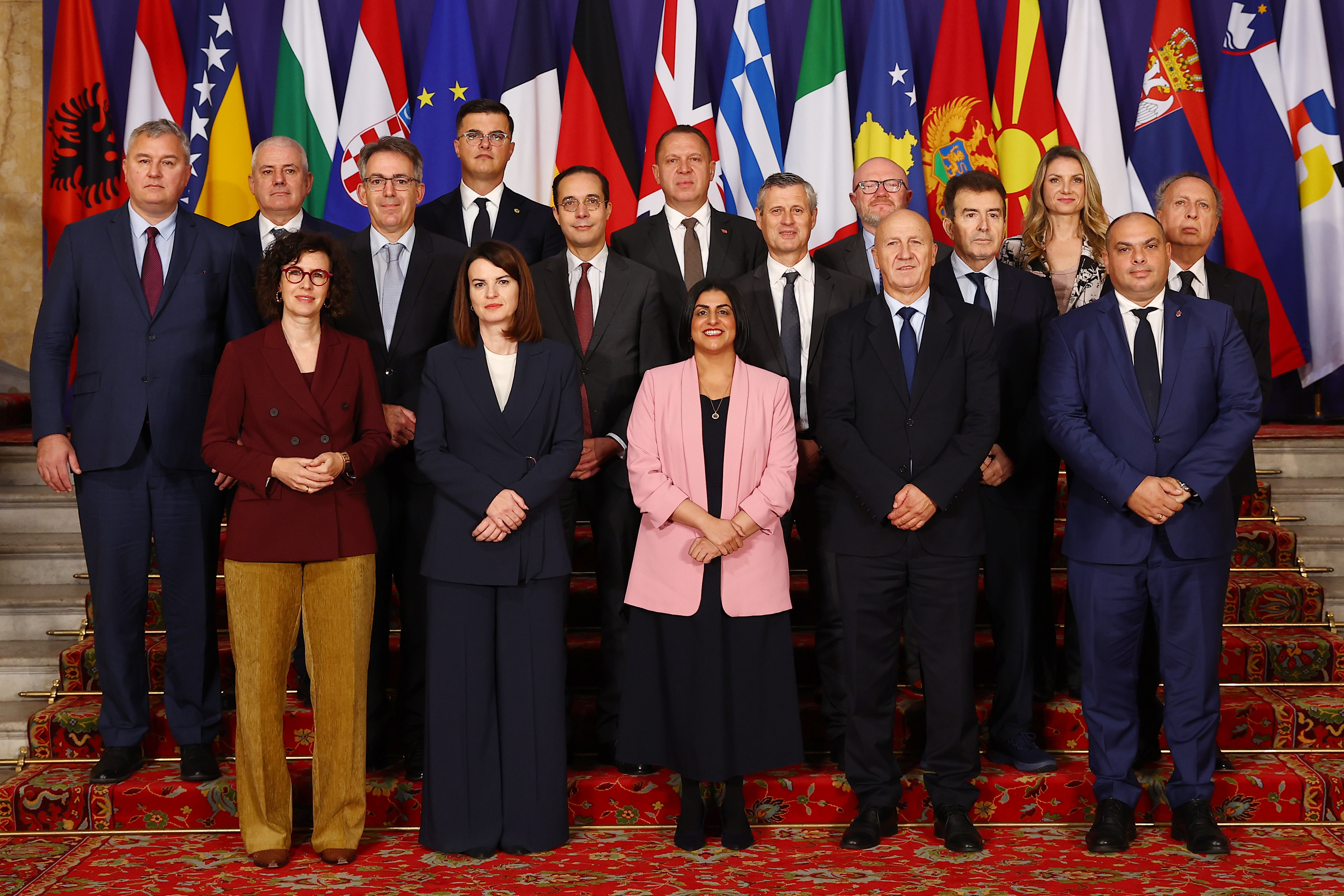 Home Secretary Shabana Mahmood poses with ministers and delegates following a meeting at the Western Balkans Summit in London.