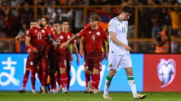 9 September 2025; Finn Azaz of Republic of Ireland reacts as Armenia celebrate their first goal during the FIFA World Cup 2026 Group F qualifying match between Armenia and Republic of Ireland at Vazgen Sargsyan Republican Stadium in Yerevan, Armenia. Photo by Stephen McCarthy/Sportsfile