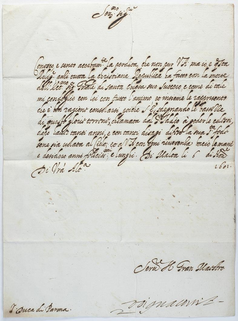 A letter of condolences on the death of Giovanni Francesco Aldobrandini, issued on November 6,1601 and bearing the signature of Grand Master Wignacourt.