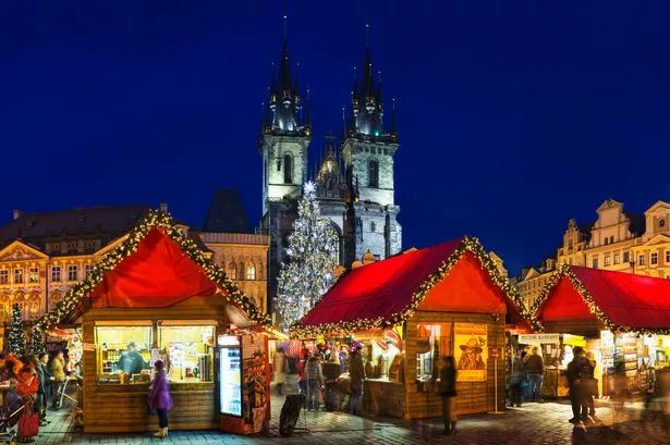 Christmas market and Tyn Church in Old Town Square