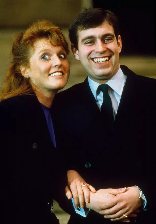 Prince Andrew, the Duke of York and Sarah Ferguson photographed at Buckingham Palace after the announcment of their engagement, London, 17th March 1986. Sarah wore a Burmese Ruby engagement ring. (Photo by Tom Stoddart/Getty Images)
