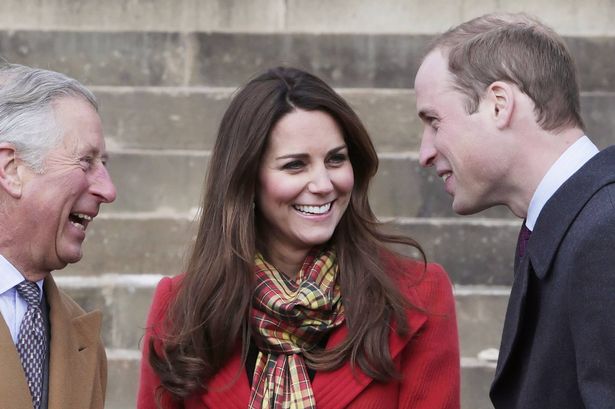 AYRSHIRE, UNITED KINGDOM - MARCH 05: Prince Charles, Duke of Rothesay, Catherine, Countess of Strathearn and Prince William, Earl of Strathearn share a joke during a visit to Dumfries House on March 05, 2013 in Ayrshire, Scotland. The Duke and Duchess of Cambridge braved the bitter cold to attend the opening of an outdoor centre in Scotland today. The couple joined the Prince of Wales at Dumfries House in Ayrshire where Charles has led a regeneration project since 2007. Hundreds of locals and 600 members of youth groups including the Girl Guides and Scouts turned out for the official opening of the Tamar Manoukin Outdoor Centre. (Photo by Danny Lawson - WPA Pool/Getty Images)