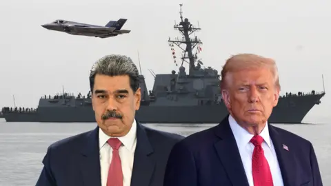 BBC Images of Venezuelan President Nicolas Maduro and US President Donald Trump, in front of a warship with a US fighter jet in the sky. 
