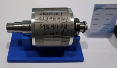 This photo, provided by POSCO International Corp., shows the first drive motor core produced at its Poland plant on Oct. 1, bearing the autograph of the company's President and CEO Lee Kye-in. [YONHAP]