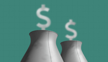 Photo of nuclear reactors with smoke in the shape of dollar signs