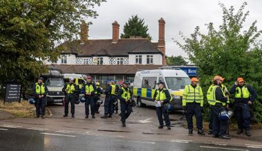 Thousands attended marches in the summer sparked after an asylum seeker living in the hotel wascharged - and later convicted - of sexually assaulting a teenage girl and a woman in Epping. Pictured: Police gathered outside the Bell Hotel