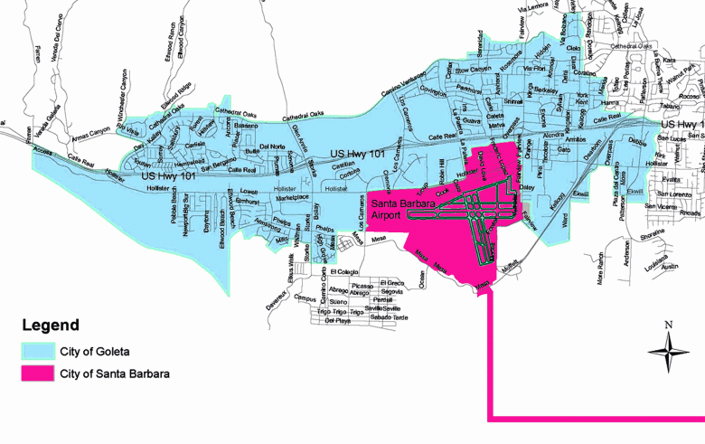 Map of Goleta (in light blue) and Santa Barbara (in bright pink) shows how Shoestring Annexation was used to put the airport in Santa Barbara. (Courtesy)