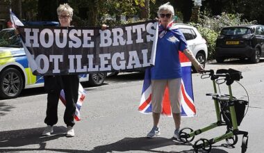 Locals in Bournemouth, Dorset, feel the character of the resort has been ruined by an influx of migrants as well as teenage gangs and drug addicts. Pictured: Anti-migrant protesters at a protest outside a hotel in Bournemouth used to house migrants on August 9, 2025