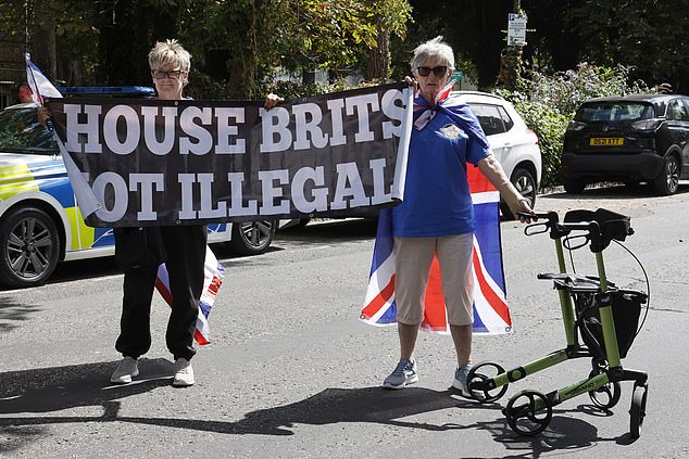 Locals in Bournemouth, Dorset, feel the character of the resort has been ruined by an influx of migrants as well as teenage gangs and drug addicts. Pictured: Anti-migrant protesters at a protest outside a hotel in Bournemouth used to house migrants on August 9, 2025