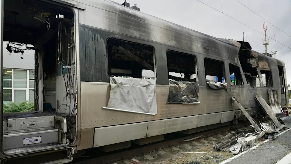 A damaged Intercity Ukrainian train sat in a station