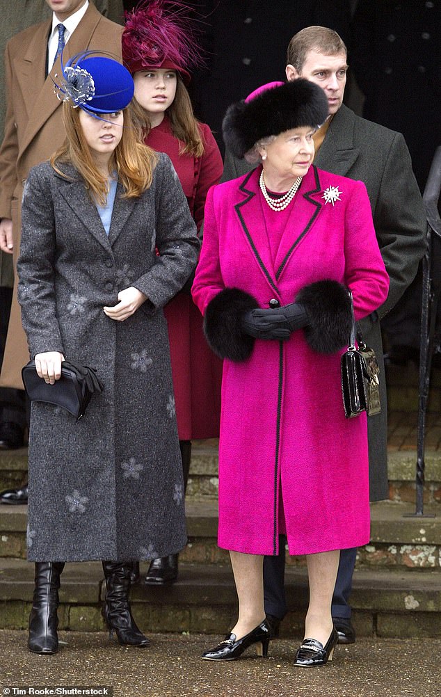 Princess Eugenie, Princess Beatrice, Prince Andrew and Queen Elizabeth II on Christmas Day 2002 in Sandringham