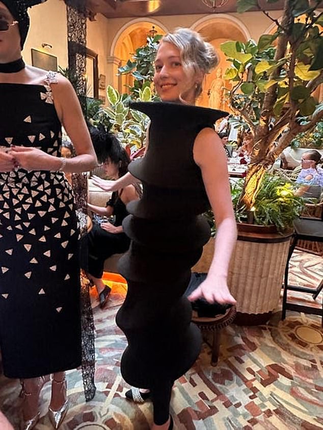 Angela Hicks wore a dress fashioned out of a children's play tunnel