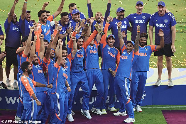 The Indian team celebrated wildly without the trophy in pantomime scenes in Dubai