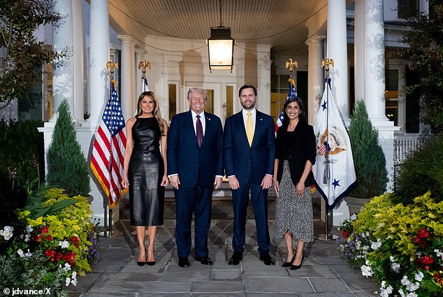 JD Vance (pictured center right) shut down liberal trolls wondering why Donald Trump (pictured center left) hadn't been seen in three days with a cherry photo alongside the president and their wives