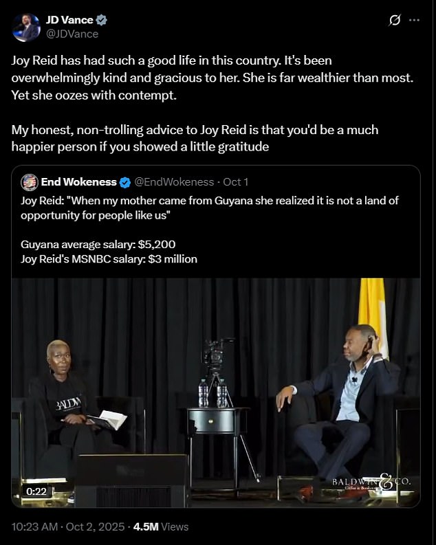 Hours before, Vance re-shared footage of a recent conversation Reid had with writer Ta-Nehisi Coates (seen here) where complained that when her mother arrived in the 60s, 'she realized it is not a land of opportunity for people like us'. A caption painted the progressive as ungrateful