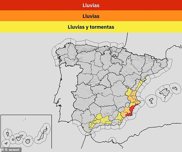 Graphic shared by AEMET shows the regions of Spain affected by the storm on Friday