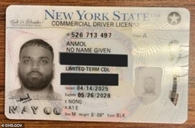The DHS said it had arrested Anmol Anmol from India, who had been issued a no¿name driver's license by the state of New York