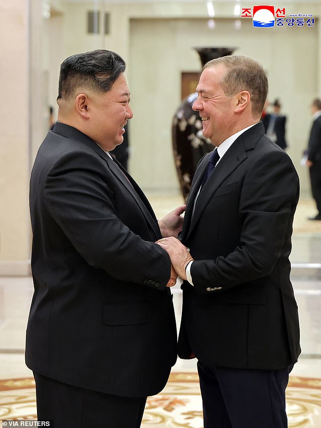 North Korean leader Kim Jong Un meets with Deputy Chairman of the Russian Security Council and leader of the United Russia political party Dmitry Medvedev as he visits the country for an event marking the 80th anniversary of the founding of the ruling Workers' Party of Korea (WPK), in Pyongyang, North Korea, in this pictured released October 11, 2025