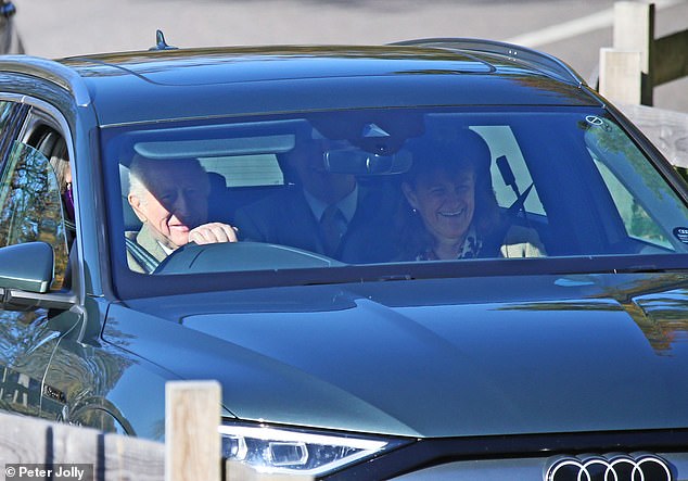 The King, pictured, was in high spirits as he drove up for a Sunday service at Crathie Kirk this morning