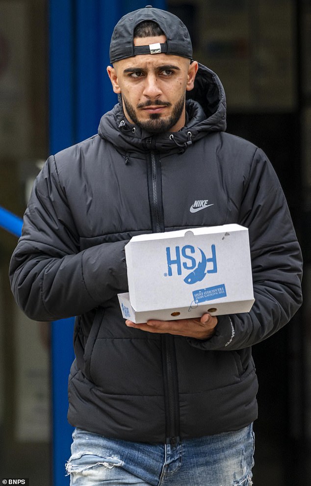 Shkar Jamal, 24, missed his sentencing for threatening a man with a snooker cue at Poole magistrates court at the end of last month. He was later spotted eating fish and chips nearby (pictured) when he should have been in court