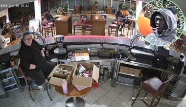 Rhiannon Whyte can be seen sitting behind the bar in the hotel while a man alleged to be the defendant fixes his gaze on her from a few metres away