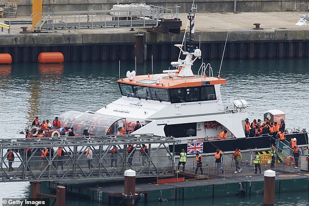 He claimed agents are locating for smugglers weaknesses in EU borders, including that between Bulgaria and Turkey. Pictured: A Border Force vessel brings migrants intercepted crossing the Channel into Dover on October 8, 2025