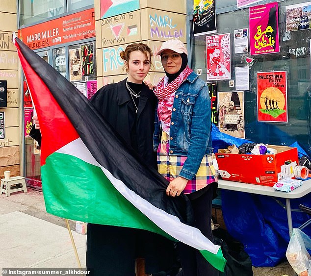 Alkhdour has frequently participated in pro-Palestine protests in Canada (pictured). She was arrested last year and charged with criminally harassing Montreal MP Marc Miller during a demonstration