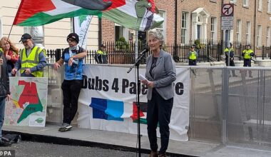 Irish president-elect Catherine Connolly (pictured at a demonstration in September) believes that the terror group Hamas 'is part of the fabric of the Palestinian people'