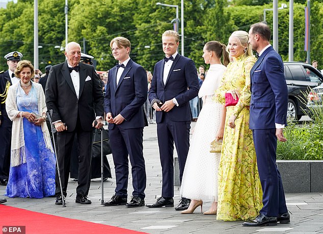 Pictured: Norway's Queen Sonja, King Harald, Prince Sverre Magnus, Princess Ingrid Alexandra, Princess Mette-Marit, and Prince Haakon