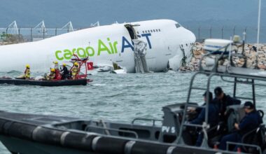 Cargo plane slides off runway falls into sea in Hong Kong