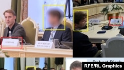 A collage of photographs that appear to show Hamburg city assembly member Robert Risch at a far-right conference in St. Petersburg, Russia.