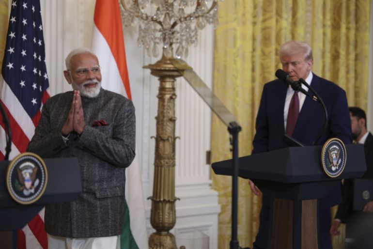 epa11894647 India Prime Minister Narendra Modi (L), and US President Donald Trump arrive for a news conference in the East Room of the White House in Washington, DC, USA, 13 February 2025. EPA/FRANCIS CHUNG / POOL