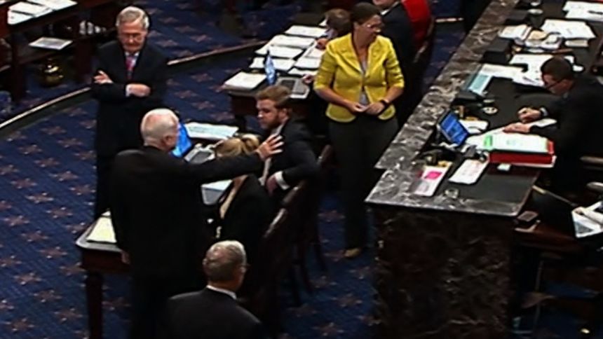 Sen. John McCain’s famous thumbs down that meant the GOP Senate failed to repeal Obamacare in 2017.