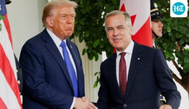‘I wore red for you’ says Carney to Trump as he visits US for trade talks | Video