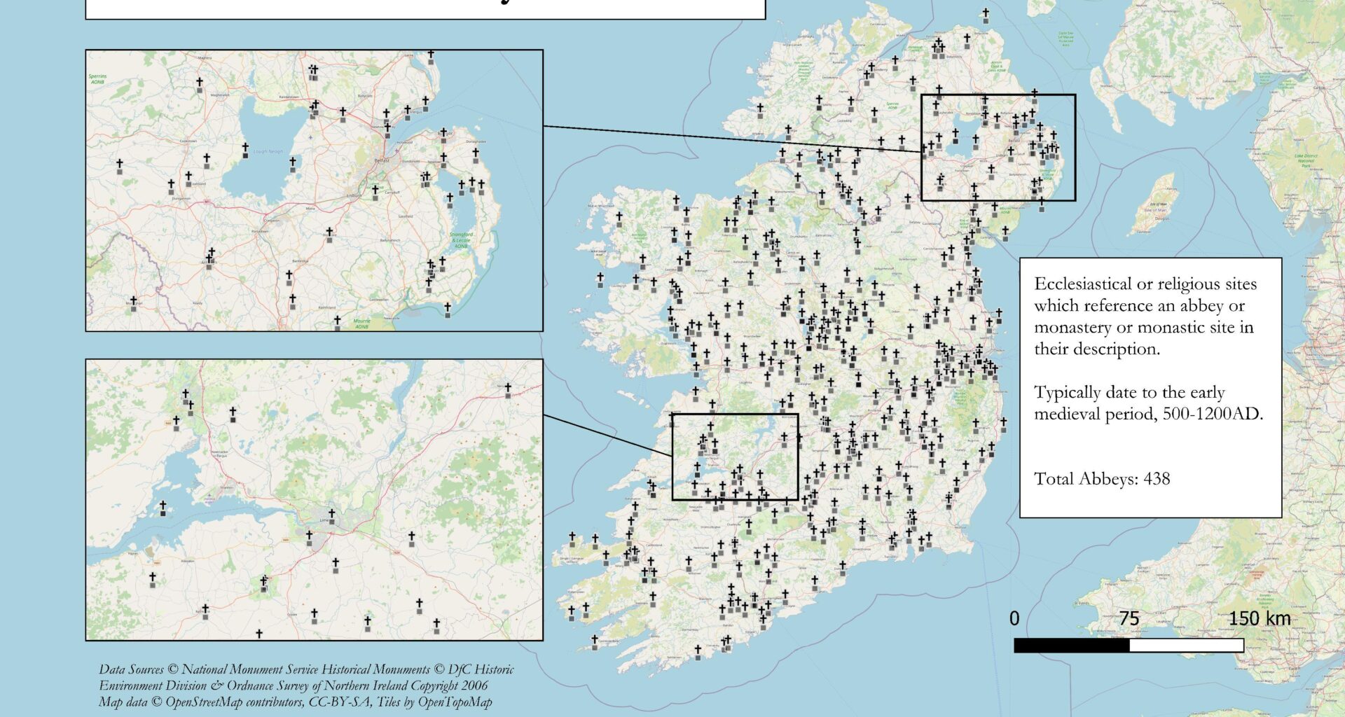 [OC] Distribution of Medieval Abbeys in Ireland