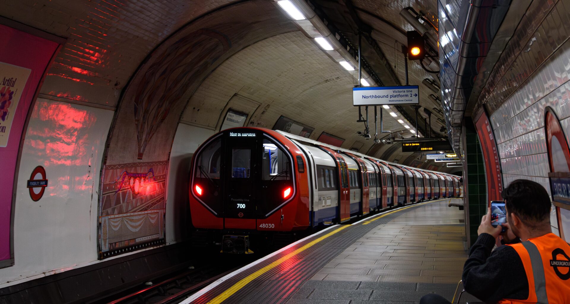 The New Tube For London was out on test again this weekend on the Piccadilly Line, this time between Hyde Park Corner and Wood Green. Here is my photo of it departing Finsbury Park.