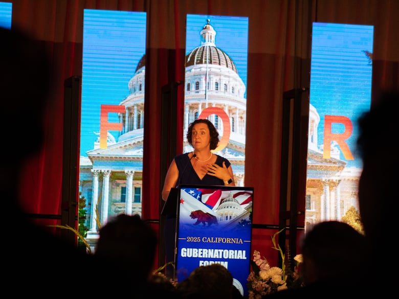 Former California Democratic Congresswoman Katie Porter speaks duting a gubernatorial forum Monday, Sept. 8, 2025, at Sacramento State University.